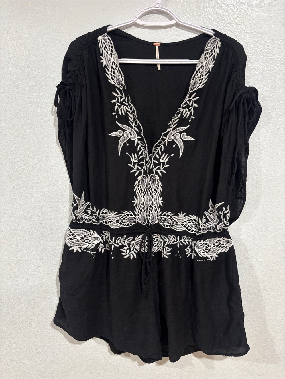Free People Black Tunic with White Embroidered V-Neck